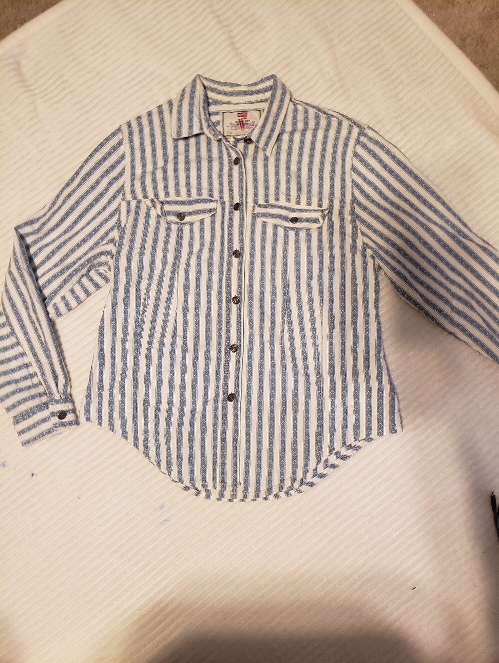 Levis Vintage Iconic Western Stripe Denim Button Up Blue White Shirt Large